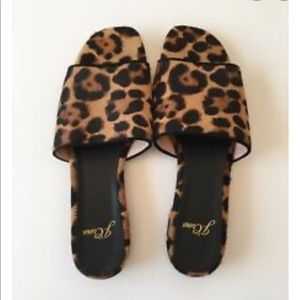 Size 8, J Crew Abbie Slide sandals, leopard calf hair. Worn once for short time